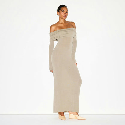Skims Sheer Modal Off The Shoulder Long Dress Dune