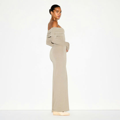 Skims Sheer Modal Off The Shoulder Long Dress Dune