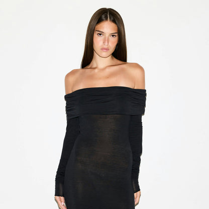 SHEER MODAL OFF THE SHOULDER LONG DRESS