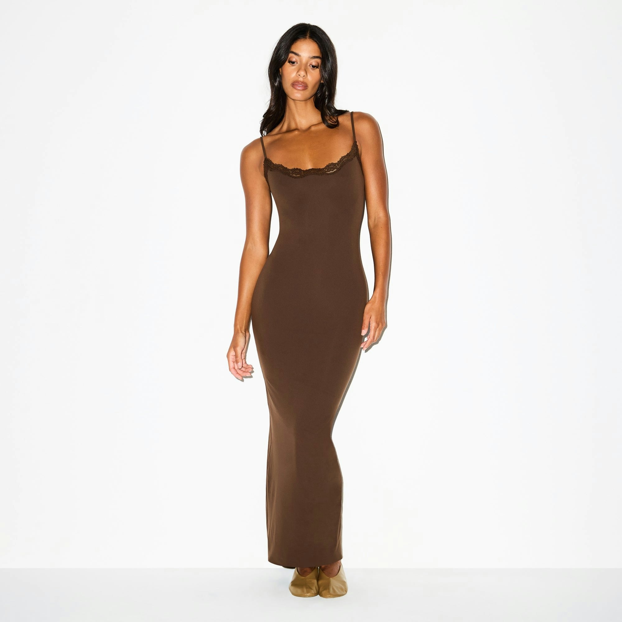 Skims Fits Everybody Lace Long Slip Dress Espresso