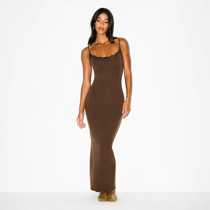 Skims Fits Everybody Lace Long Slip Dress Espresso