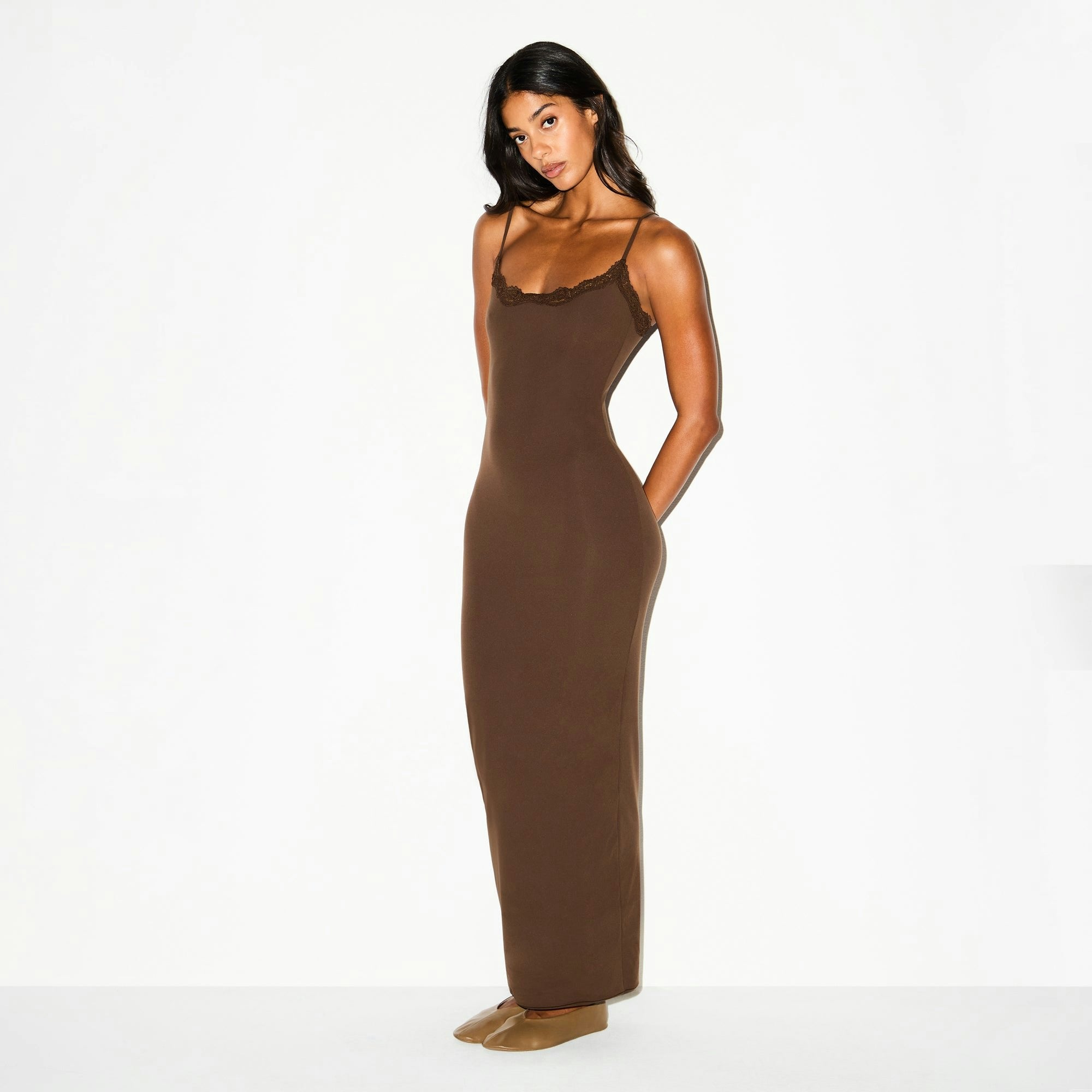 Skims Fits Everybody Lace Long Slip Dress Espresso