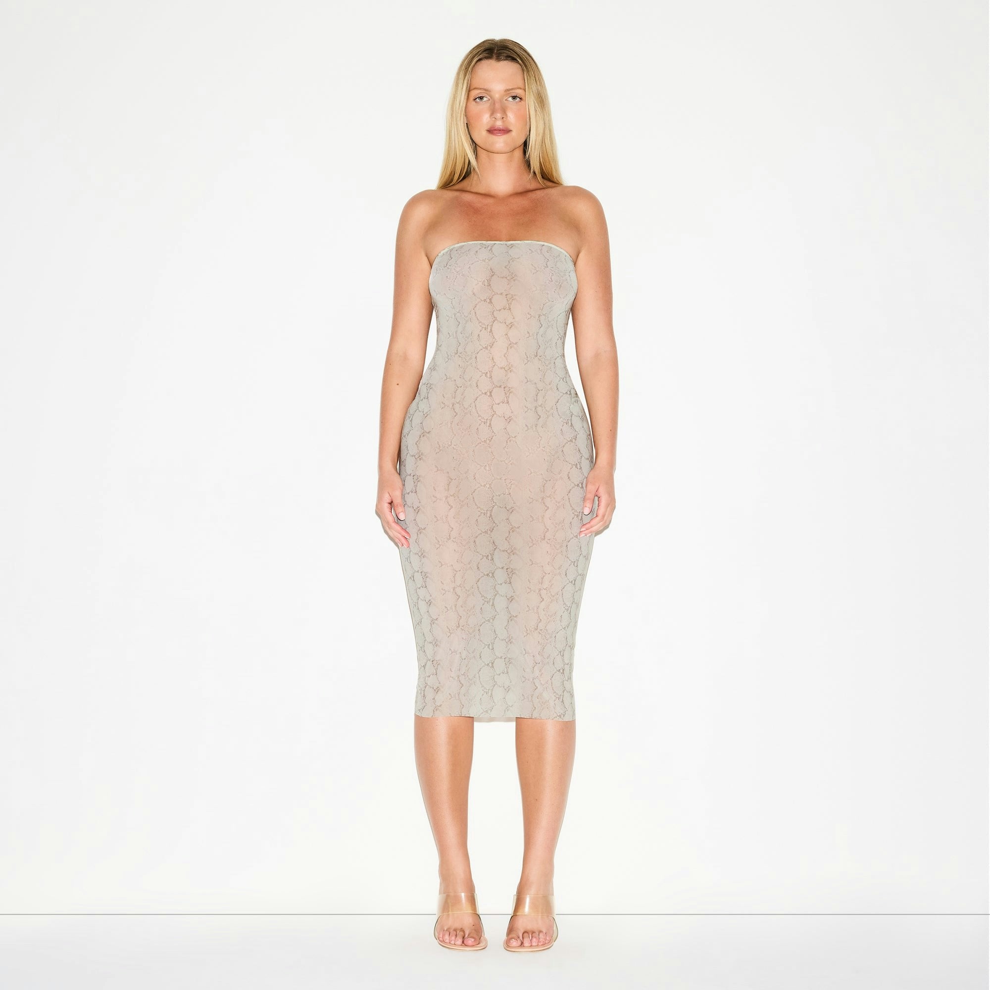 Skims Milky Sheer Midi Tube Dress Stone Pastel Snake Print