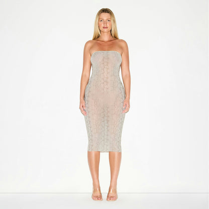 Skims Milky Sheer Midi Tube Dress Stone Pastel Snake Print