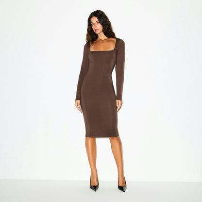 Skims Smooth Layers Square Neck Midi Dress Espresso
