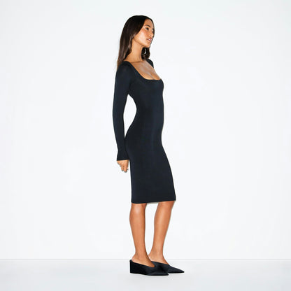 Skims Smooth Layers Square Neck Midi Dress Obsidian