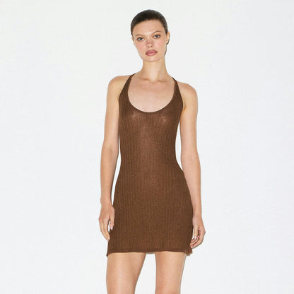 Skims Sheer Knit Plunge Mini Dress Bison