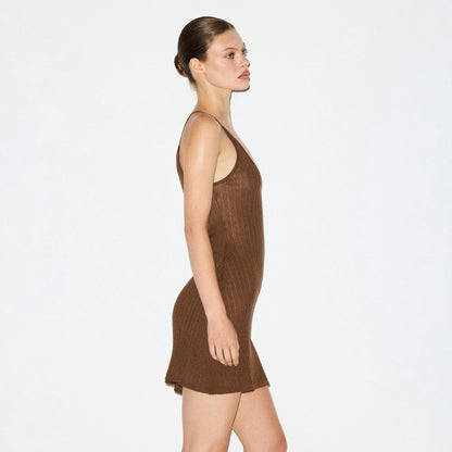 Skims Sheer Knit Plunge Mini Dress Bison