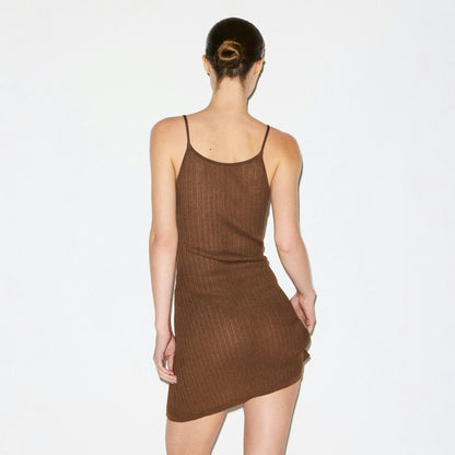 Skims Sheer Knit Plunge Mini Dress Bison