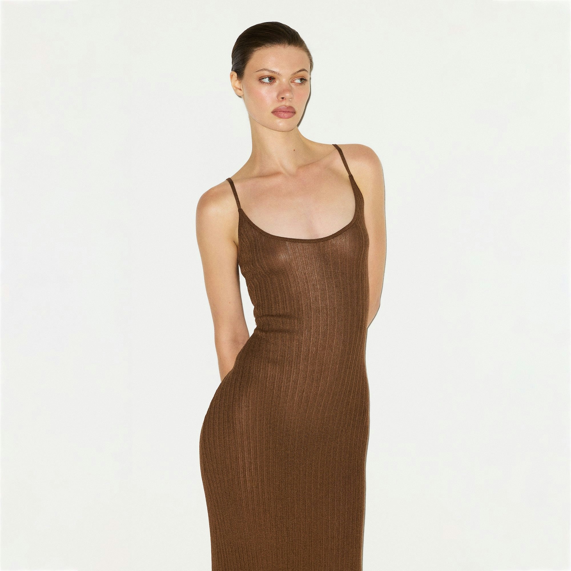 Skims Sheer Knit Long Cami Dress Bison