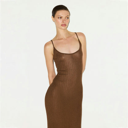 Skims Sheer Knit Long Cami Dress Bison