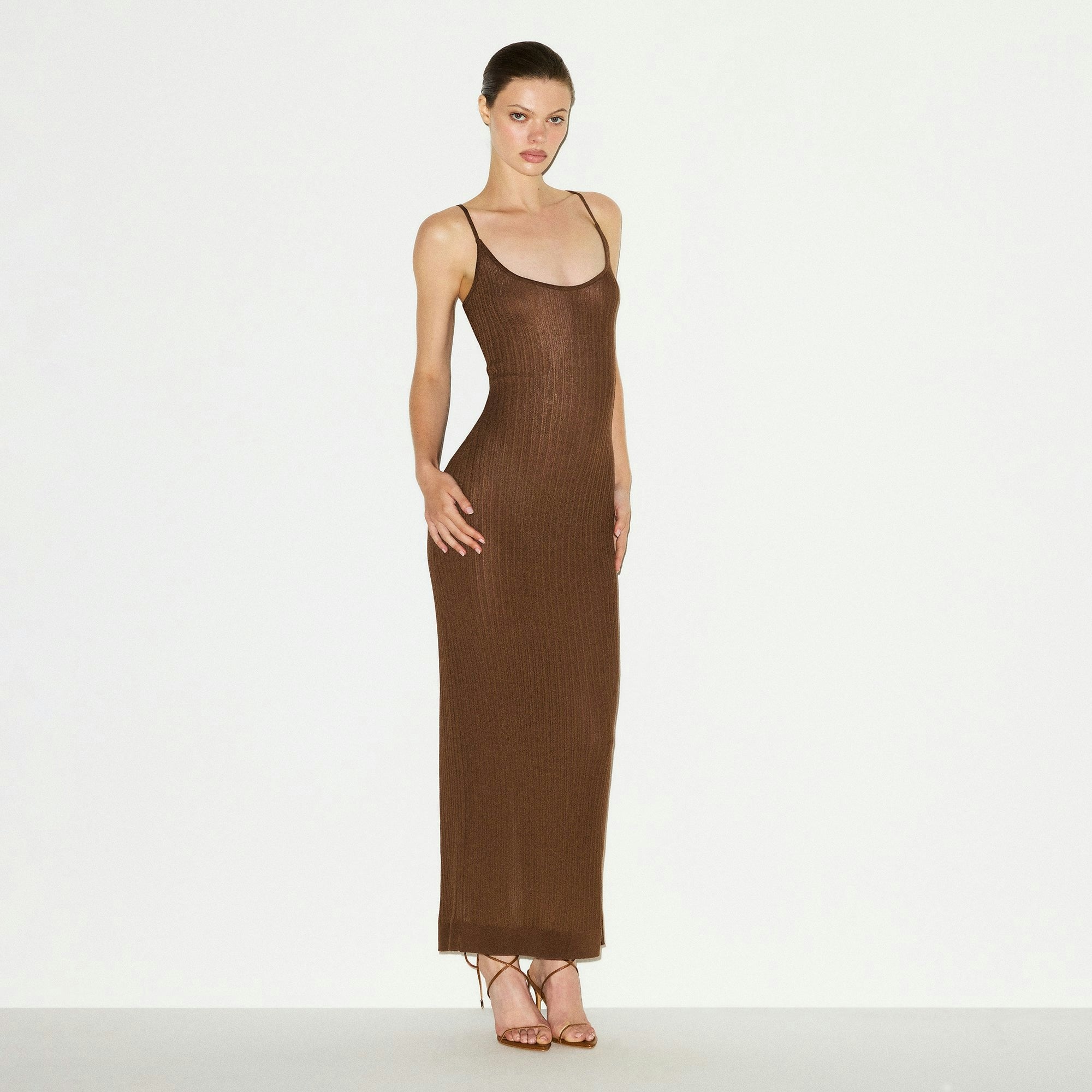 Skims Sheer Knit Long Cami Dress Bison