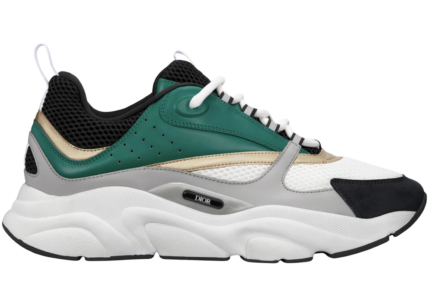 Dior B22 sneaker in white, black, green and gold, one of the house's most popular sneaker silhouettes.