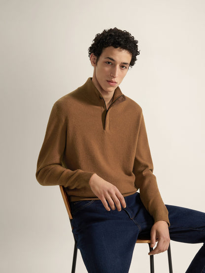 Zegna Dark Foliage Mlange Oasi Cashmere Zip Mock Neck Sweater