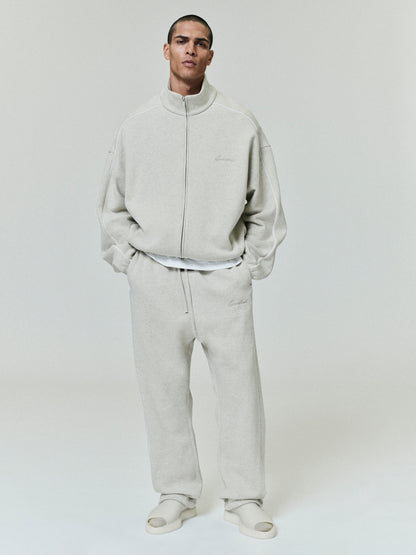 Essentials Modern Fleece Track Jacket With Piping Heather Stone/Cloud White
