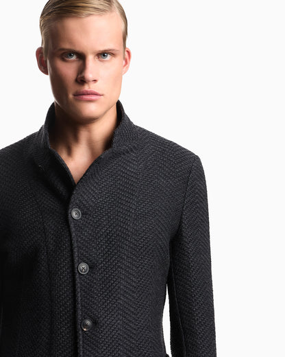 Emporio Armani Icon guru-collar jacket with off-centre fastening in a chevron wool knit