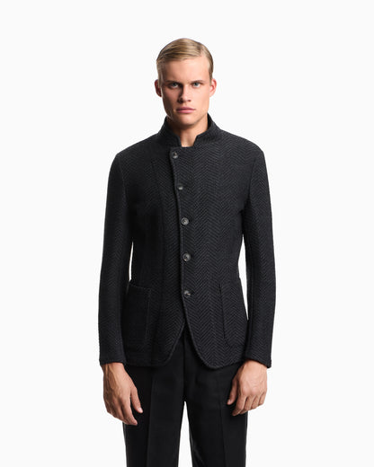 Emporio Armani Icon guru-collar jacket with off-centre fastening in a chevron wool knit