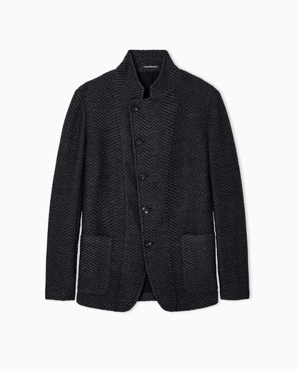 Emporio Armani Icon guru-collar jacket with off-centre fastening in a chevron wool knit
