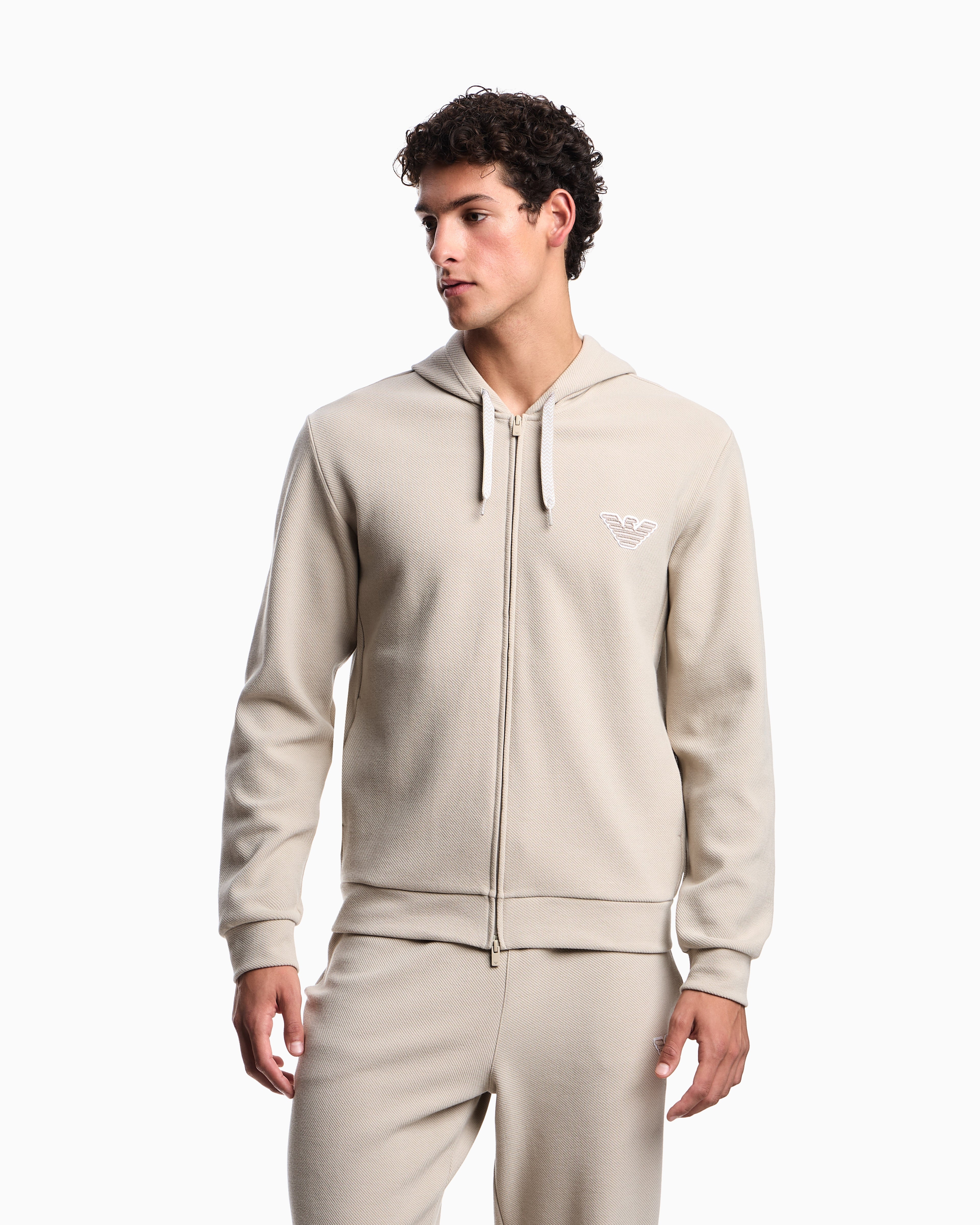 Emporio Armani Loungewear zip-up hooded sweatshirt in jersey with an eagle patch