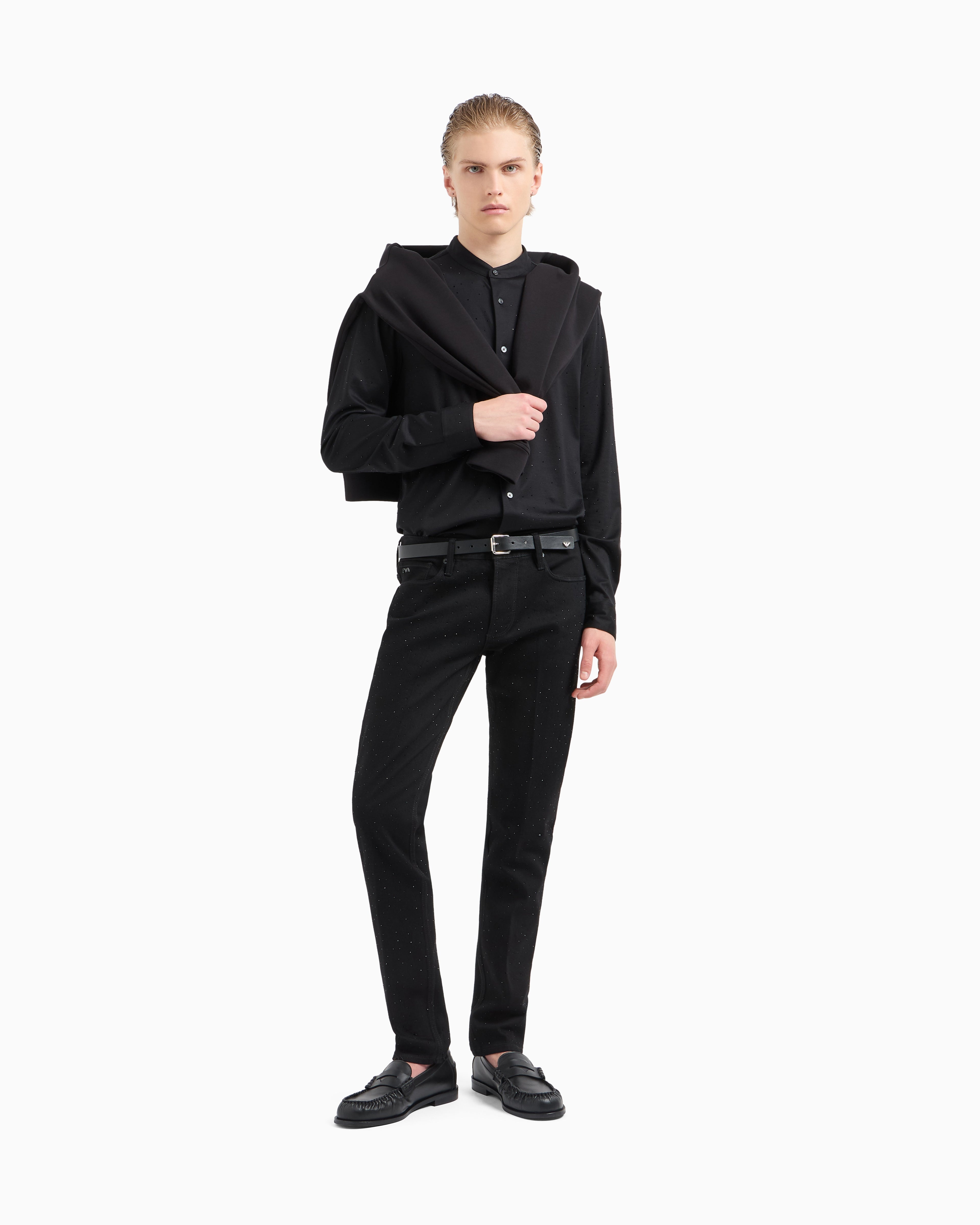 Emporio Armani ASV Clubwear guru-collar shirt in a Lyocell blend jersey with all-over rhinestones
