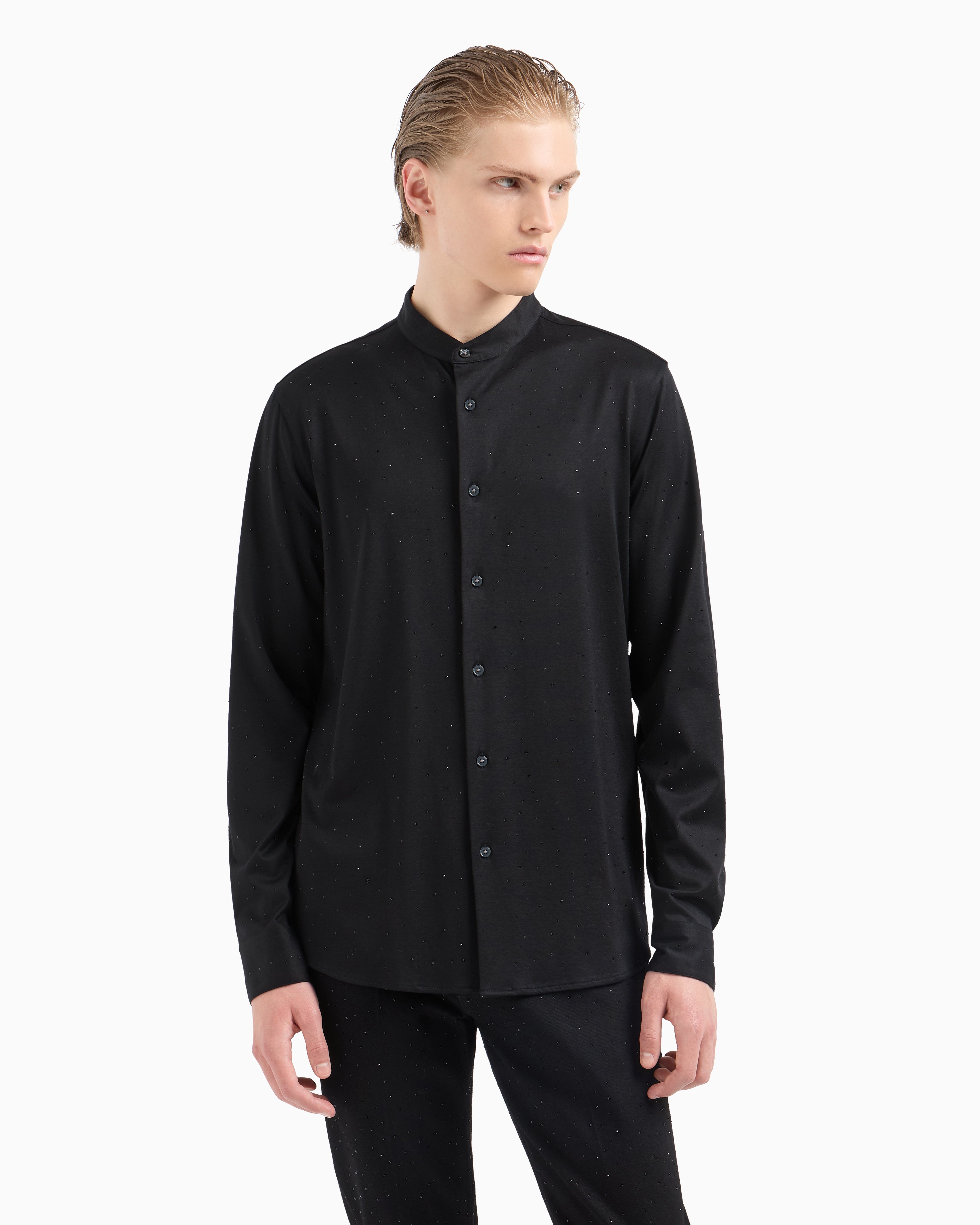 Emporio Armani ASV Clubwear guru-collar shirt in a Lyocell blend jersey with all-over rhinestones