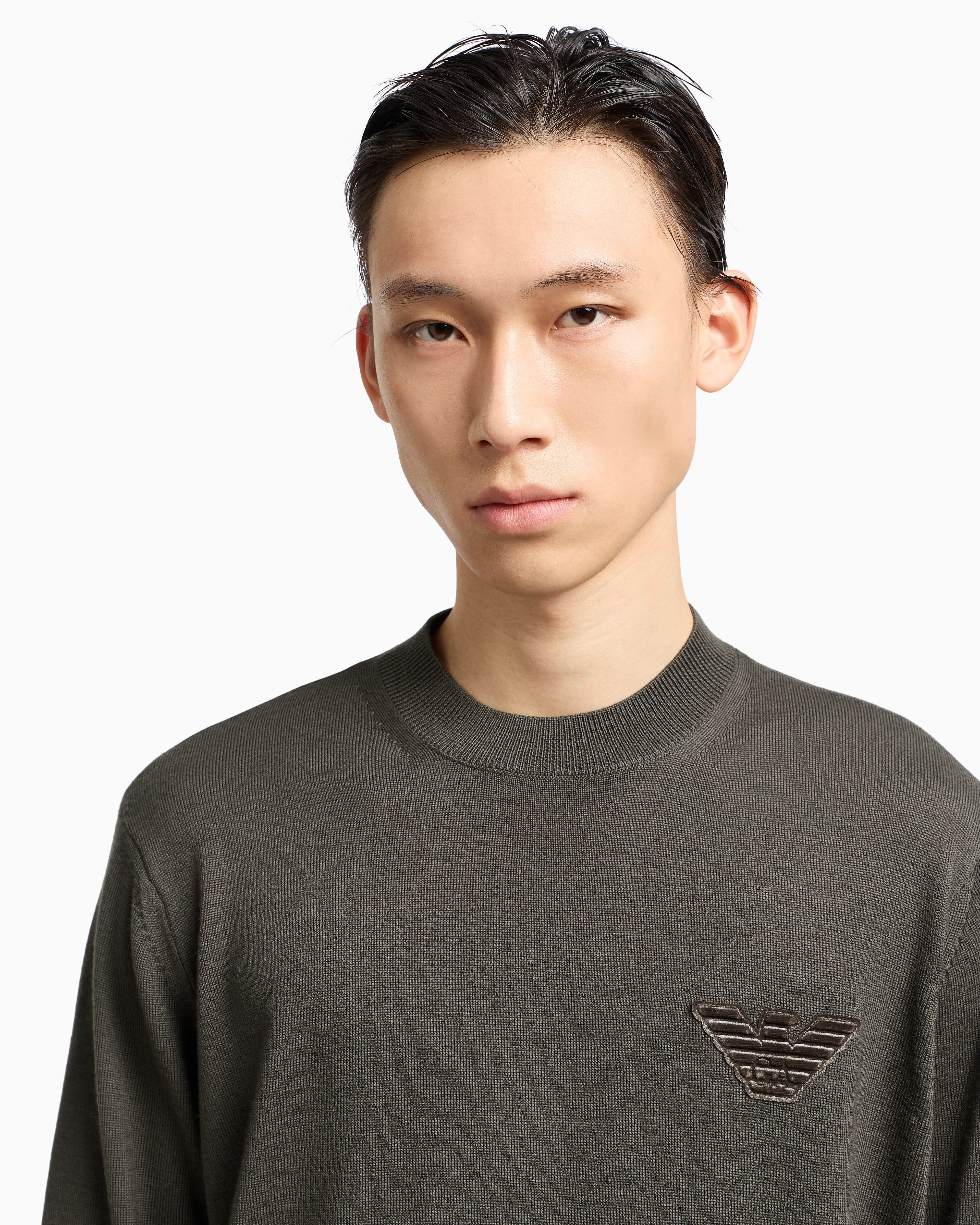 Emporio Armani Plain-knit virgin-wool jumper with eagle patch