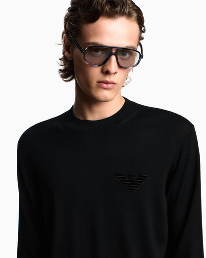 Emporio Armani Plain-knit virgin-wool jumper with eagle patch