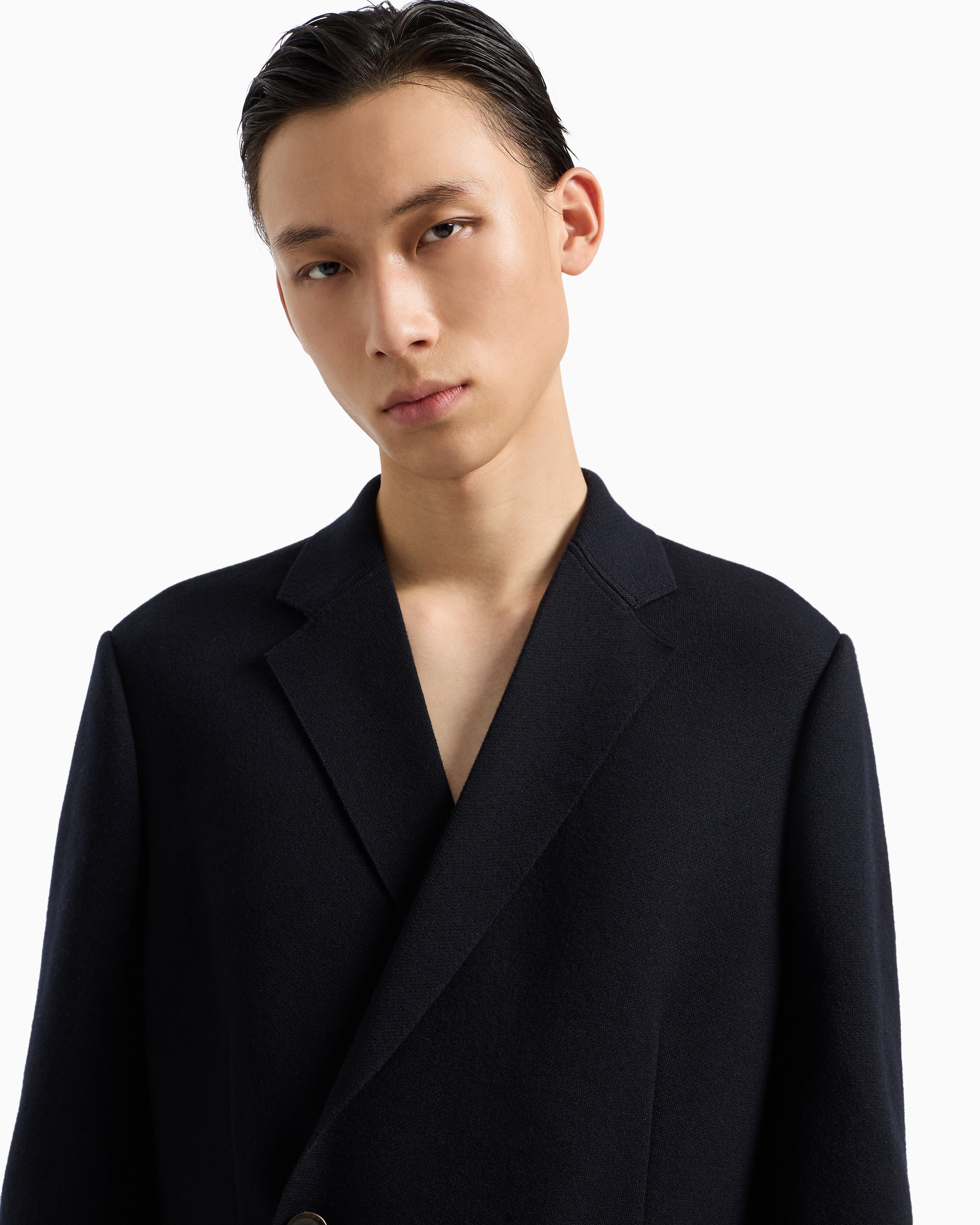 Emporio Armani Double-breasted blazer in a plain-knit wool blend