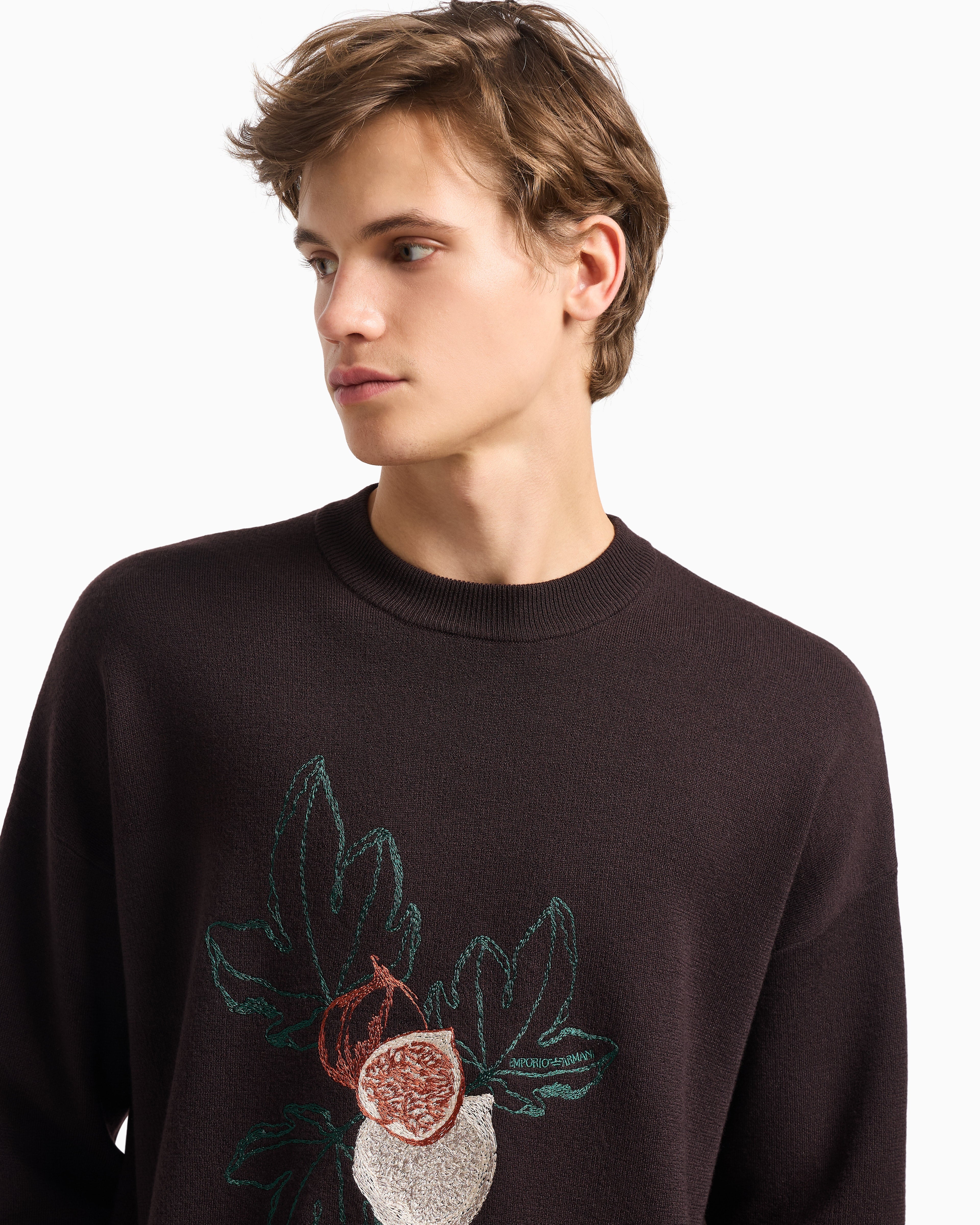 Emporio Armani Virgin-wool plain-knit jumper with foliage embroidery