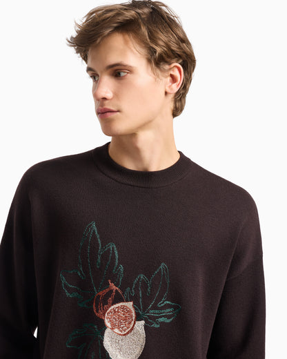 Emporio Armani Virgin-wool plain-knit jumper with foliage embroidery