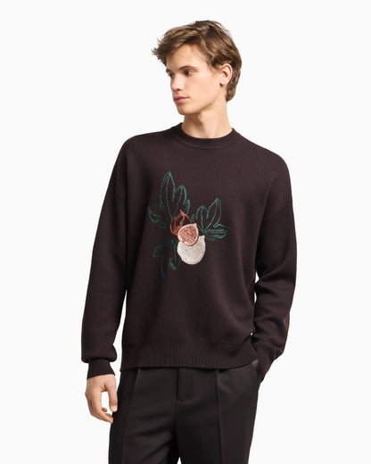 Emporio Armani Virgin-wool plain-knit jumper with foliage embroidery