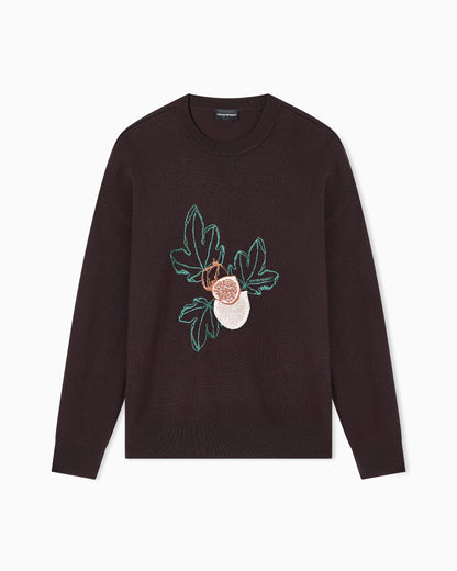 Emporio Armani Virgin-wool plain-knit jumper with foliage embroidery