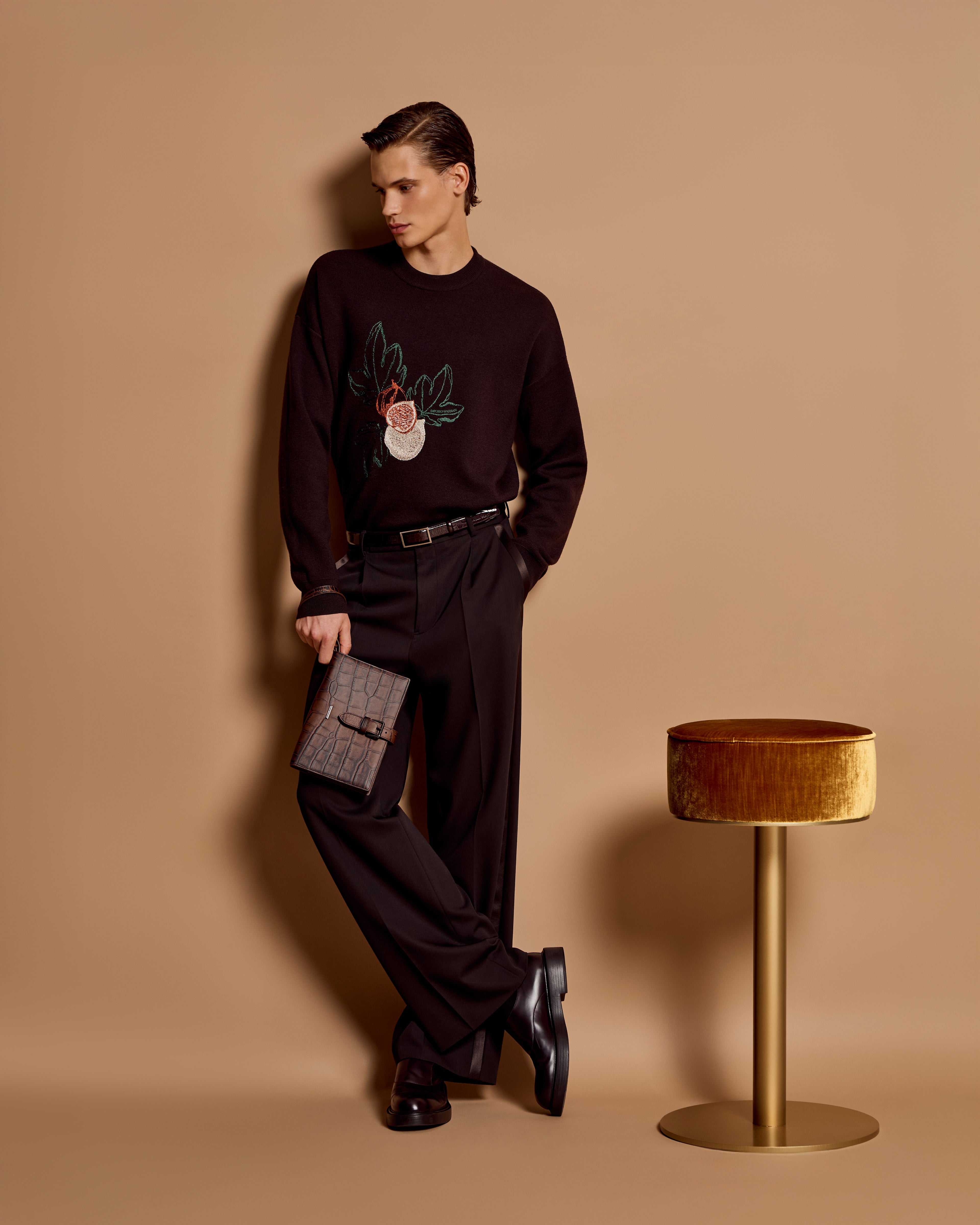 Emporio Armani Virgin-wool plain-knit jumper with foliage embroidery