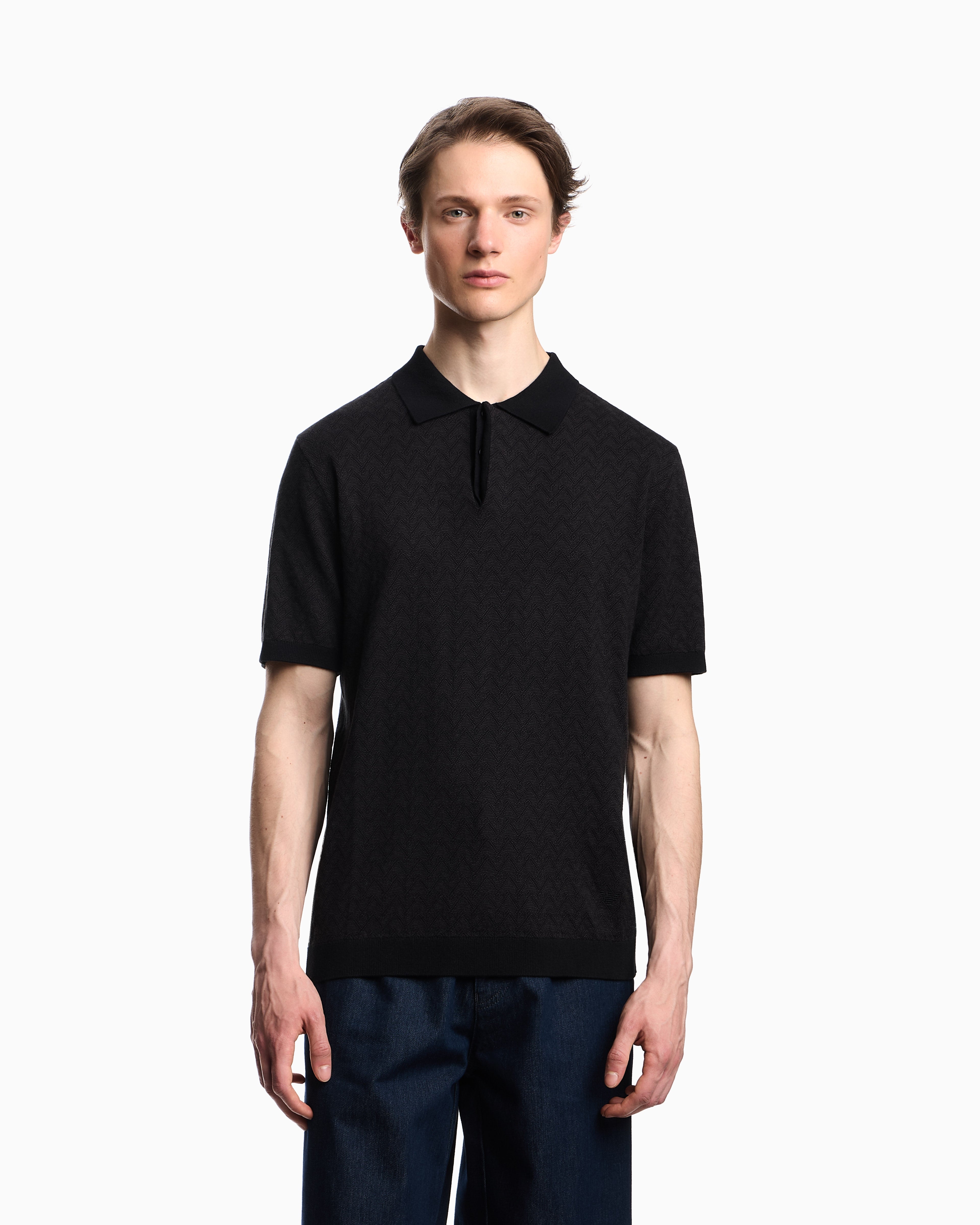 Emporio Armani Icon polo-collar jumper in chevron-motif jacquard