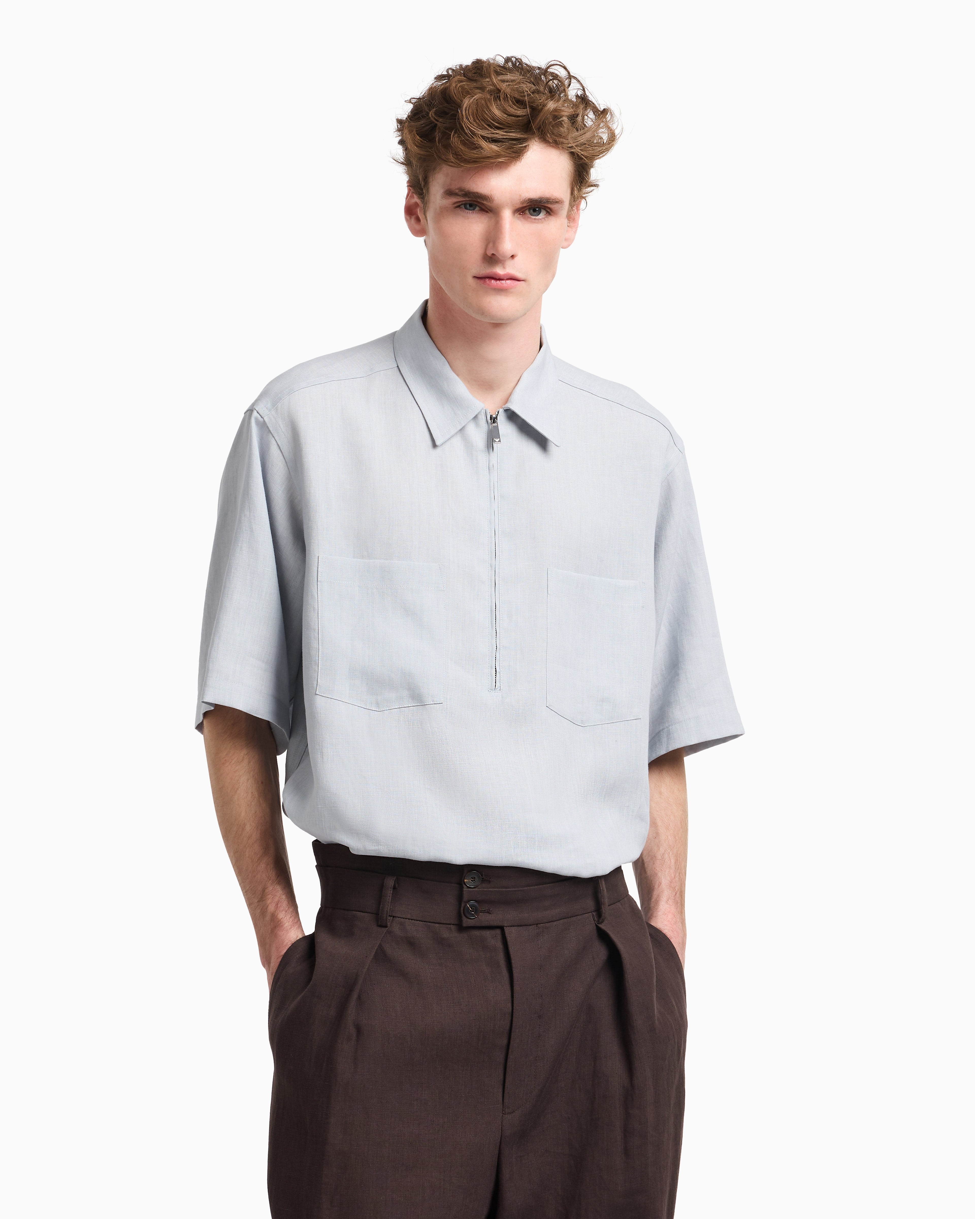 Emporio Armani Pure linen shirt with partial zip
