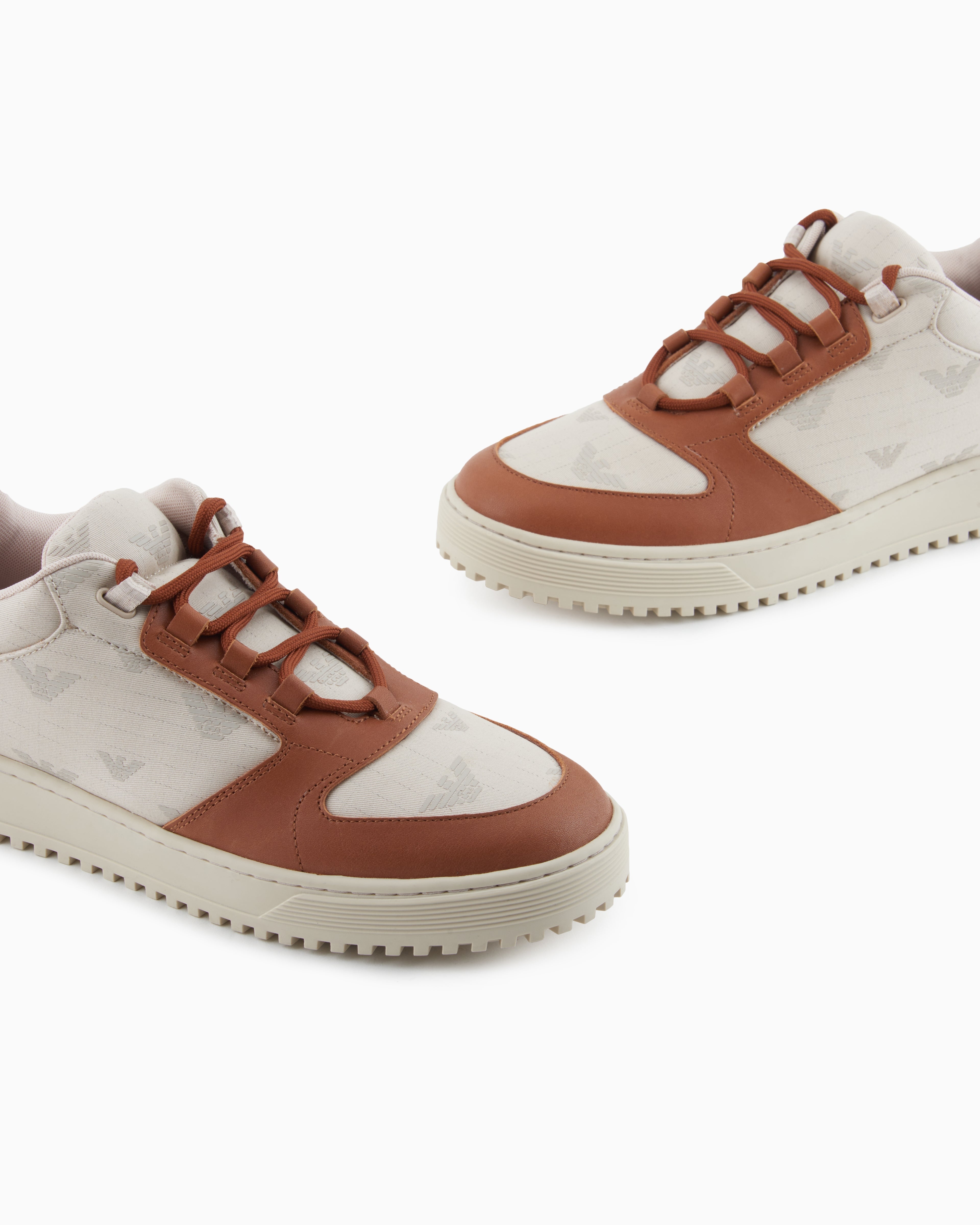 Emporio Armani Canvas Sneakers With All-Over Eagles Beige