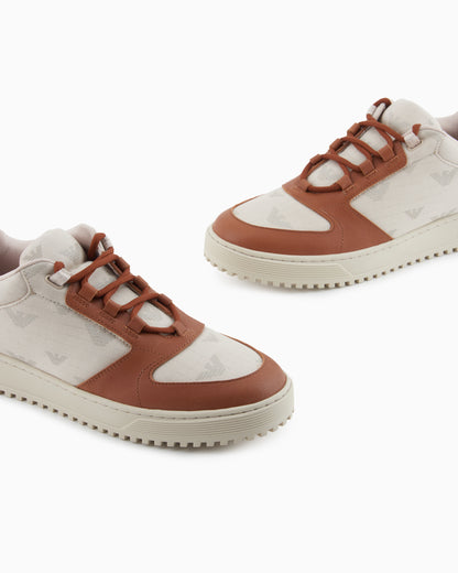 Emporio Armani Canvas Sneakers With All-Over Eagles Beige