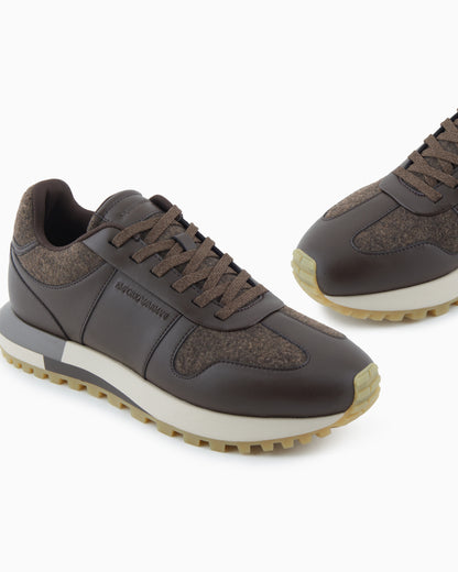 Emporio Armani Leather Sneakers With Felt Details Brown