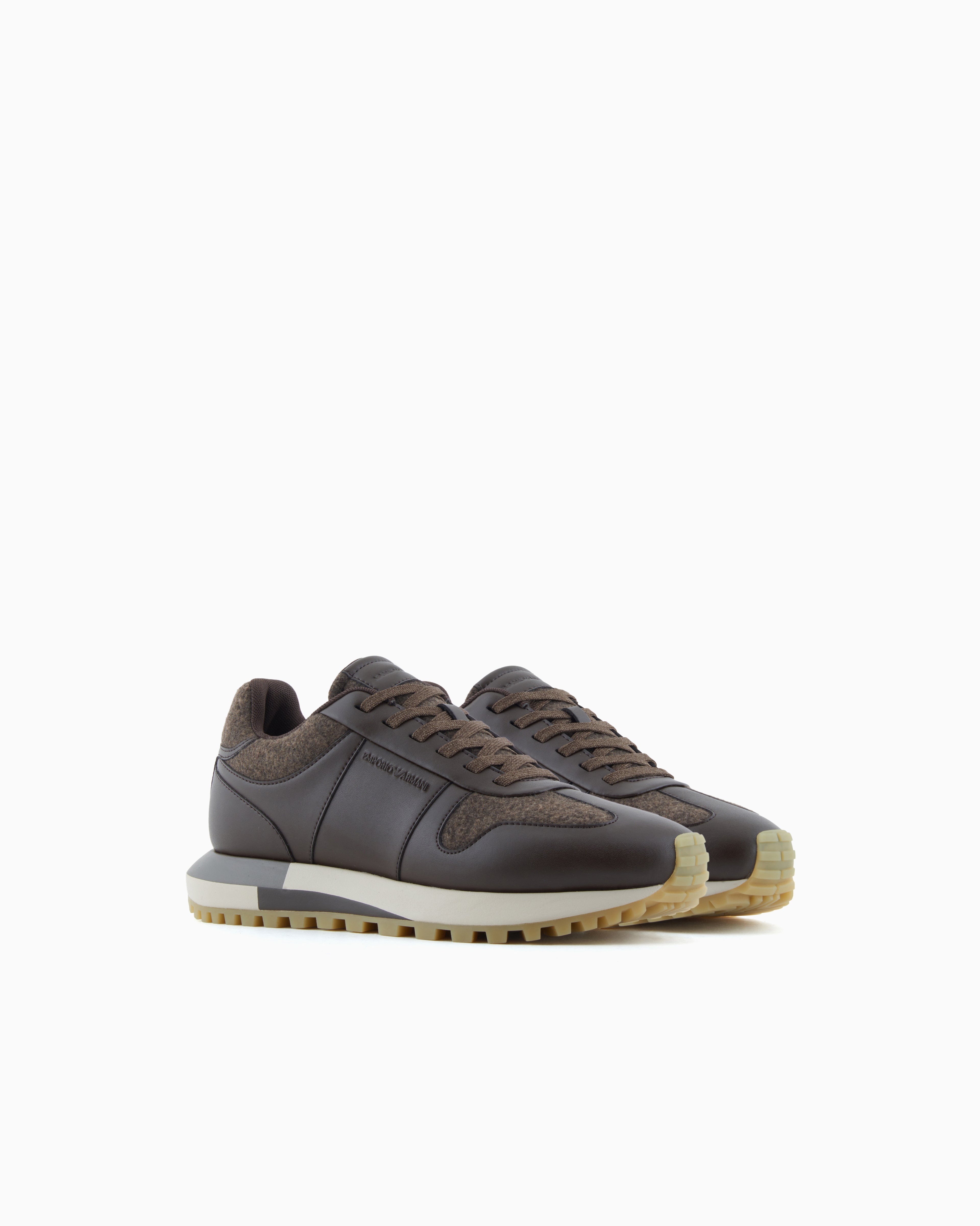 Emporio Armani Leather Sneakers With Felt Details Brown