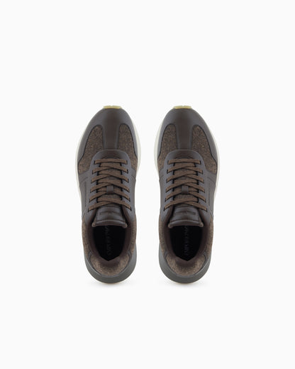 Emporio Armani Leather Sneakers With Felt Details Brown
