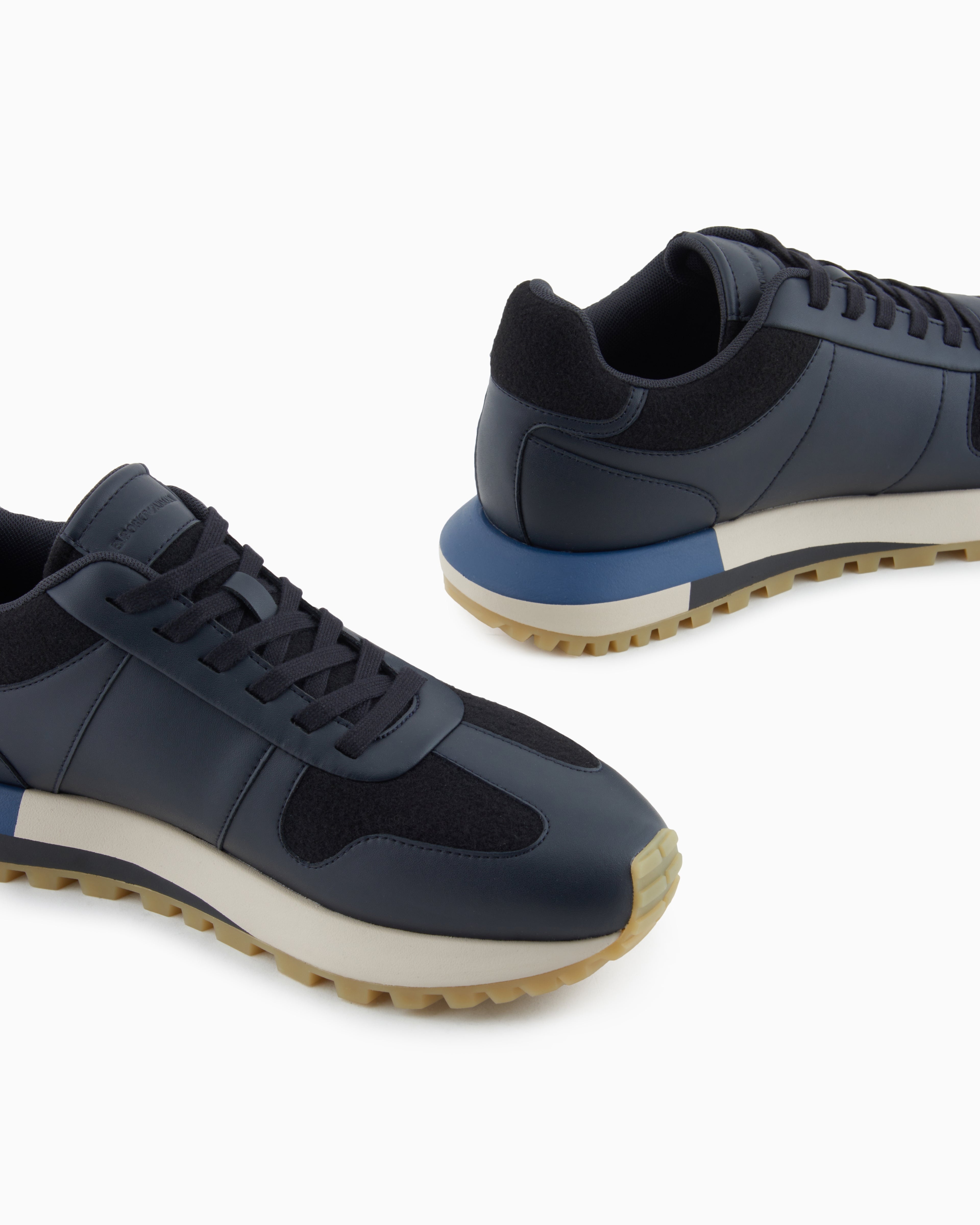 Emporio Armani Leather Sneakers With Felt Details Navy Blue