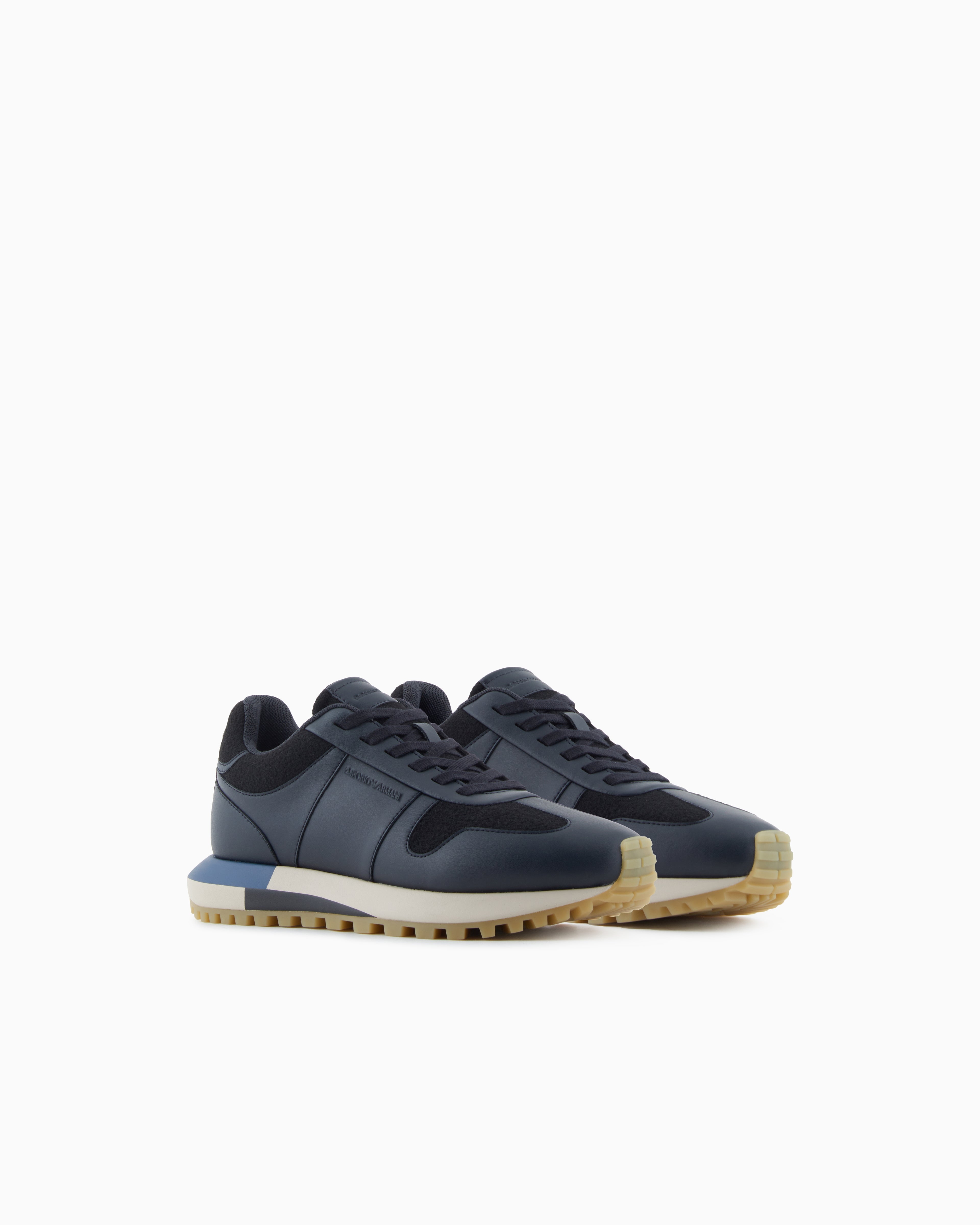 Emporio Armani Leather Sneakers With Felt Details Navy Blue