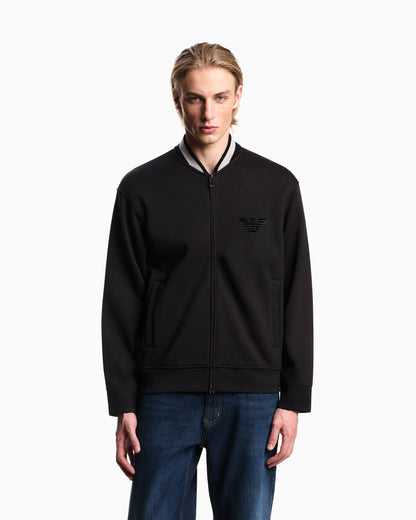 Emporio Armani Double-jersey zip-up sweatshirt with bomber jacket collar and eagle patch