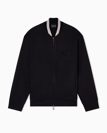 Emporio Armani Double-jersey zip-up sweatshirt with bomber jacket collar and eagle patch