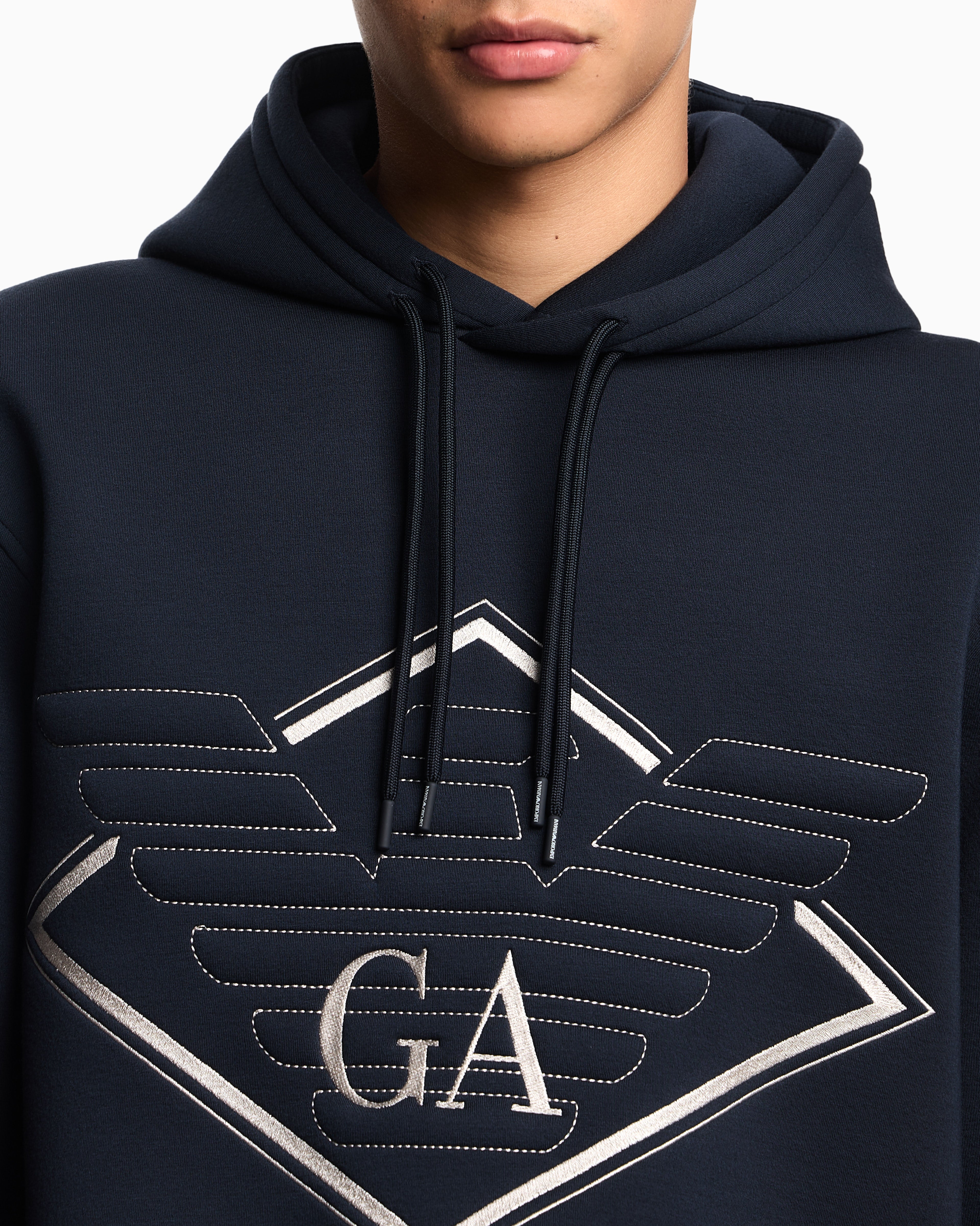 Emporio Armani Double-jersey hooded sweatshirt with oversized eagle embroidery