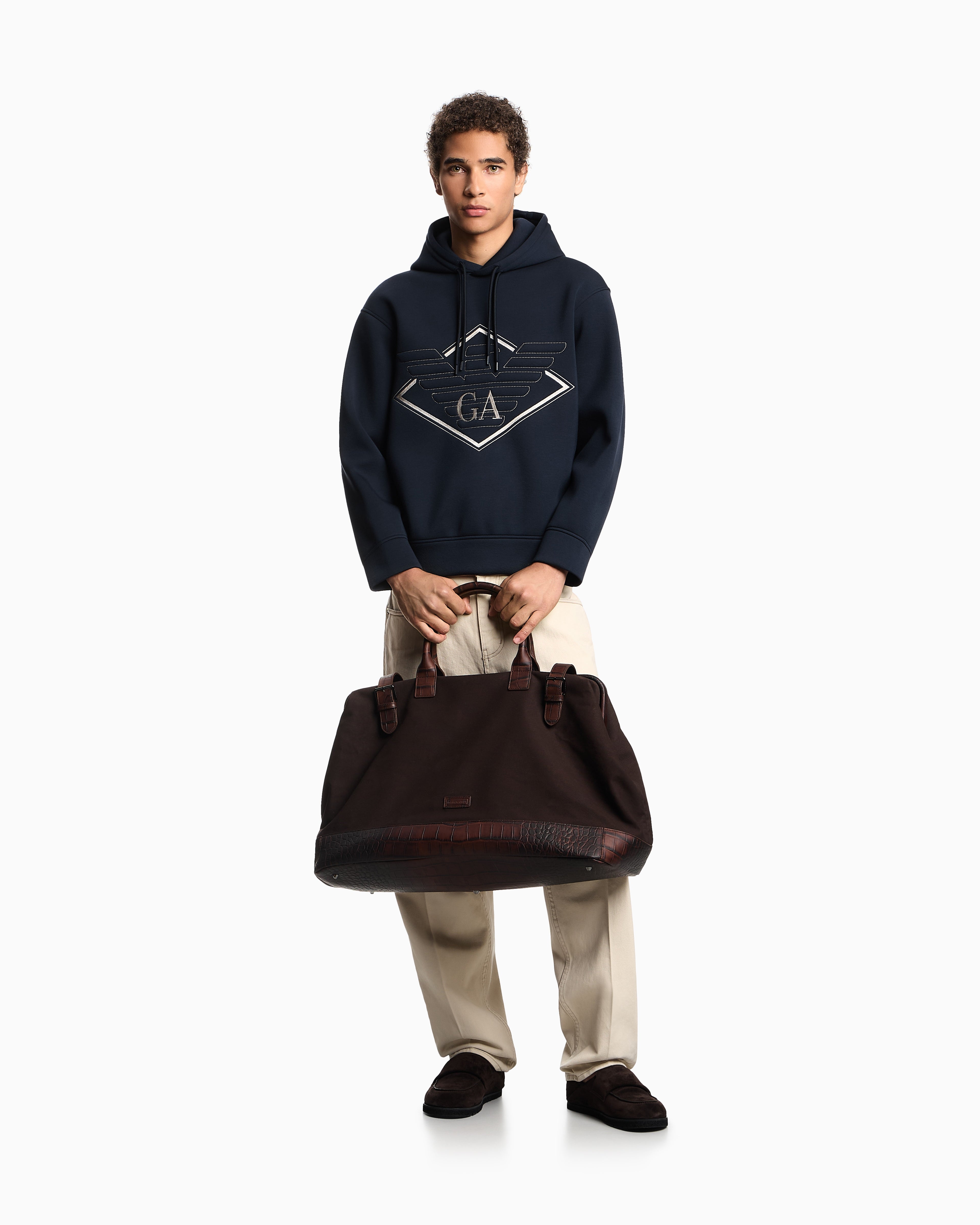 Emporio Armani Double-jersey hooded sweatshirt with oversized eagle embroidery