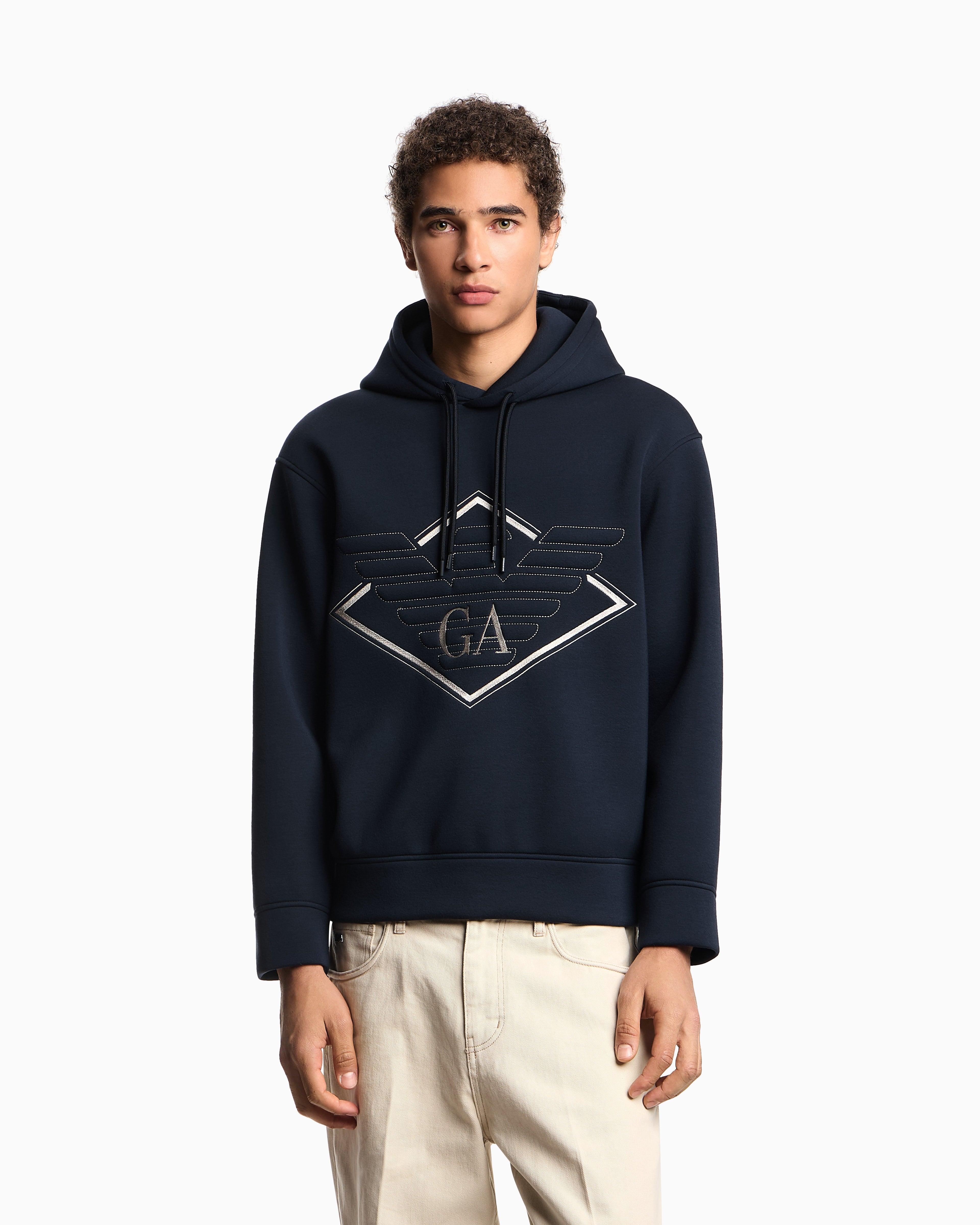 Emporio Armani Double-jersey hooded sweatshirt with oversized eagle embroidery