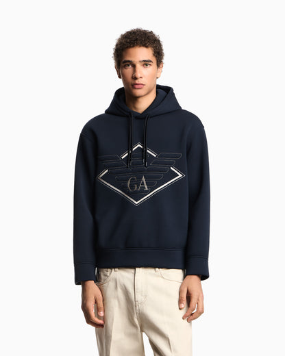 Emporio Armani Double-jersey hooded sweatshirt with oversized eagle embroidery