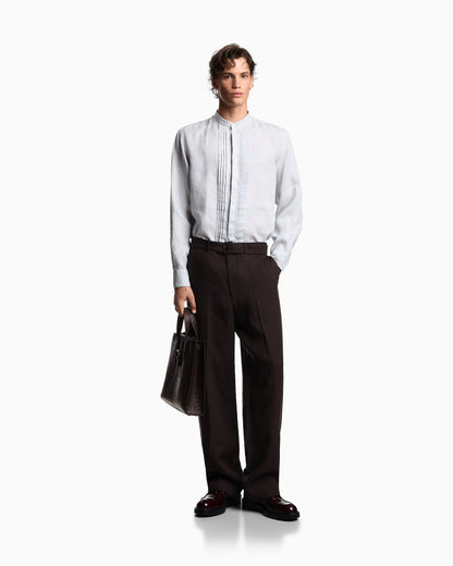 Emporio Armani Garment-dyed linen shirt with guru collar and pleated detail
