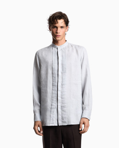 Emporio Armani Garment-dyed linen shirt with guru collar and pleated detail